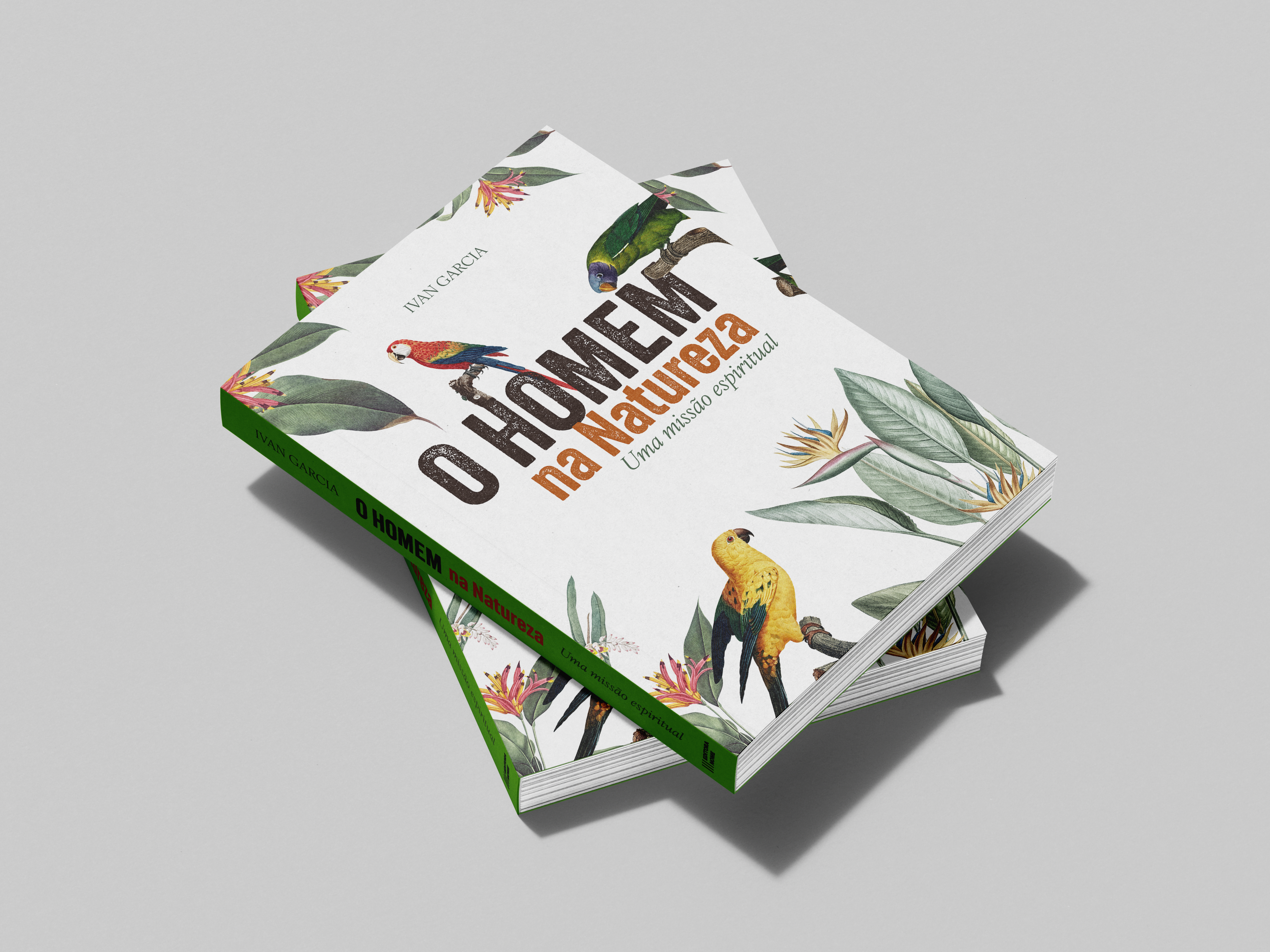 Capa do livro O Homem na Natureza com ilustração botânica e aves em terracota e verde